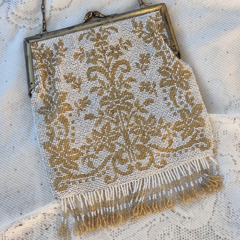 Antique 1920s white and gold art nouveau micro beaded flapper purse - Picture 1 of 13